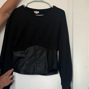 Anthropologie Pilcro Black Sweatshirt with Faux Leather Corset Waist
